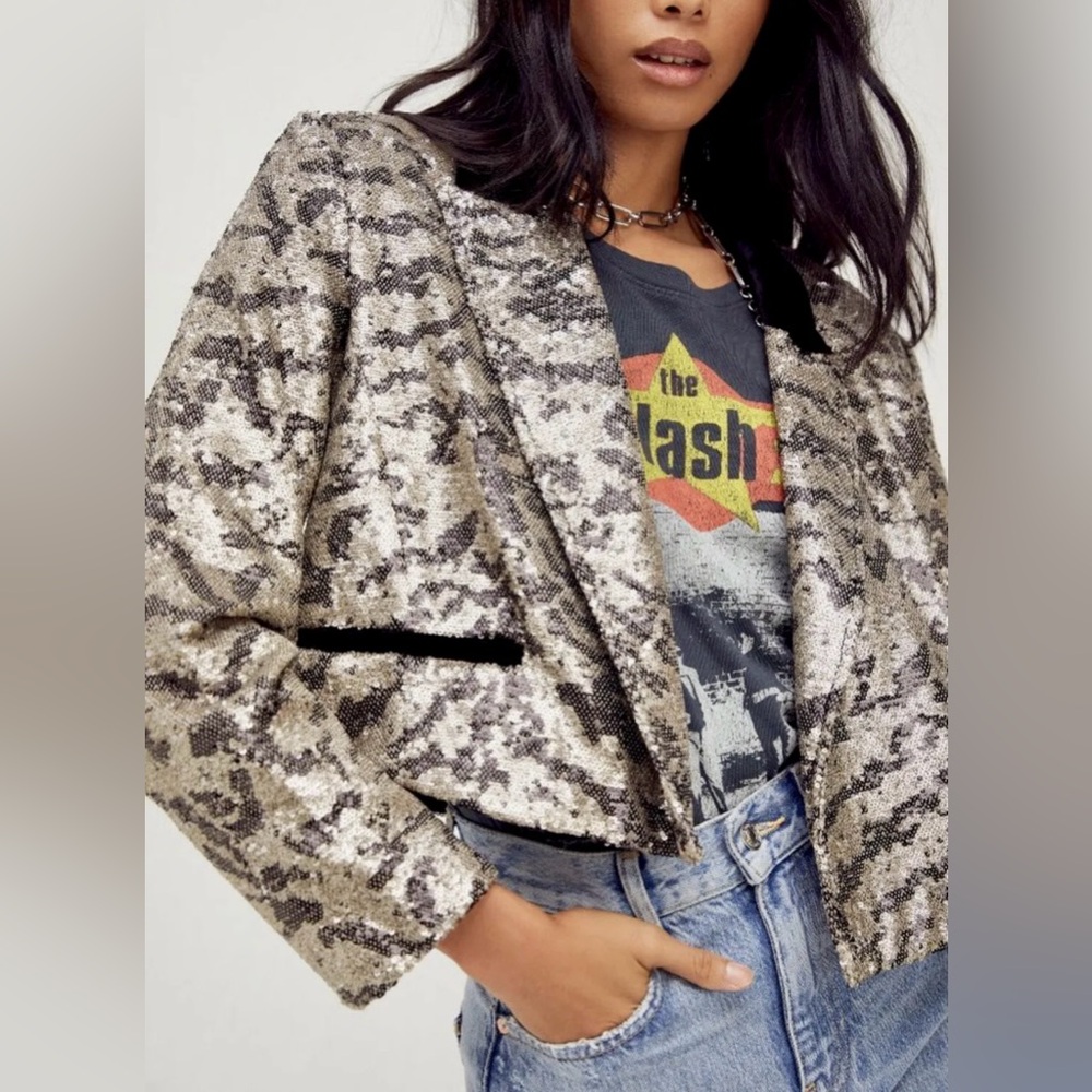 NWT Free People Ari Sequin Cropped Blazer Lined Silver Black Contrast Collar XS